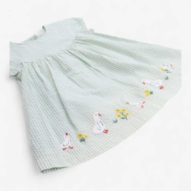 Dress Green Stripe Seersucker with Applique Ducks