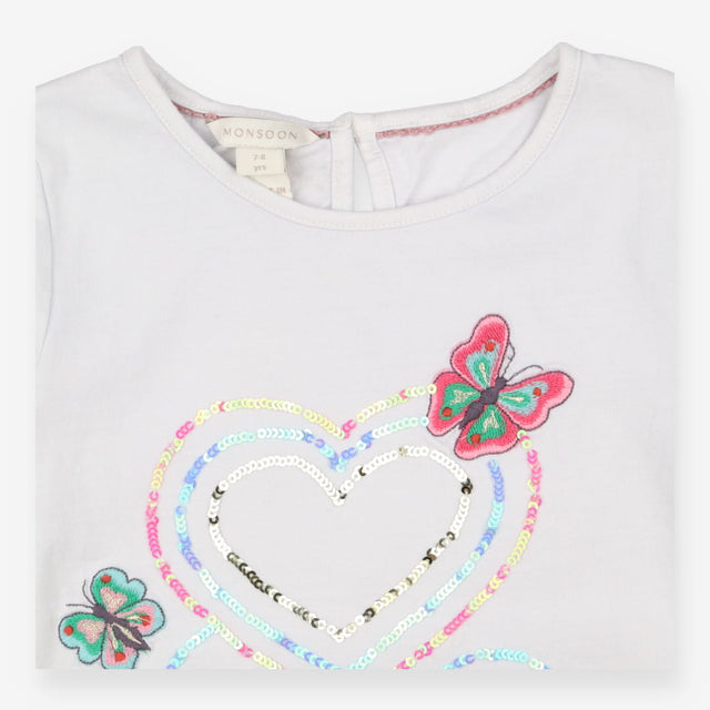 T-Shirt Long Sleeved White Sequin Hearts and Butte