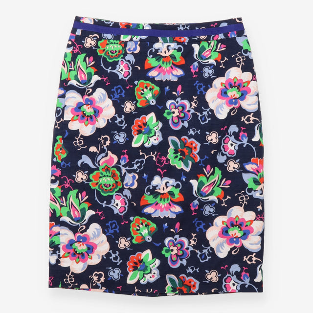 Pencil Skirt Floral Print Cotton Stretch Navy