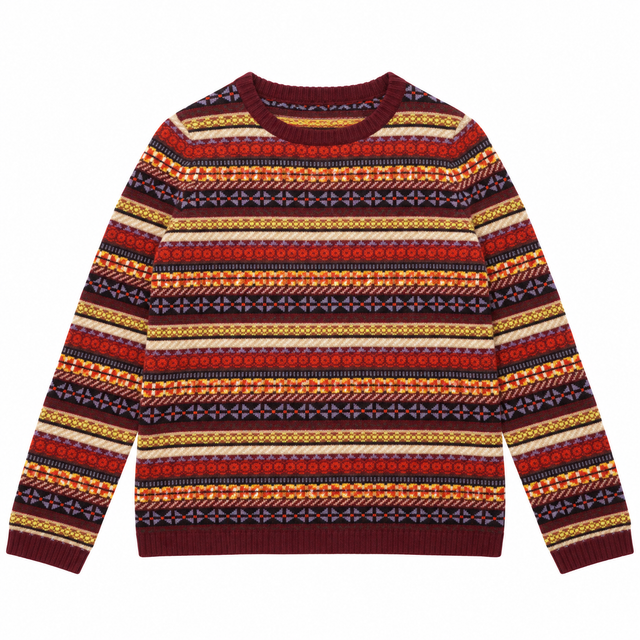 Jumper Knit Fair Isle Pattern Burgundy Multicolour