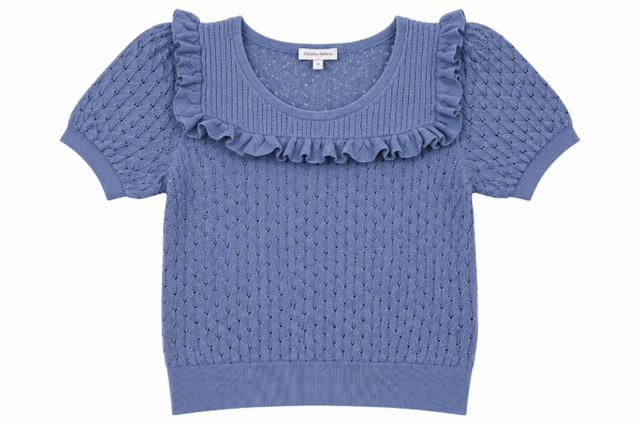 Top Blue Pointelle Knit Ruffle Short Sleeve