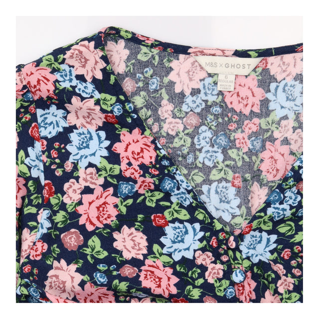 Dress Navy V-Neck Puff Sleeve Pink Flora