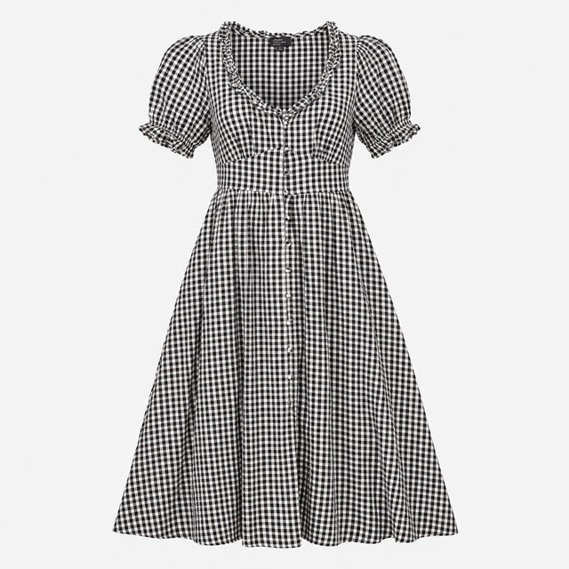 Dress Black White Gingham Cotton Puff Sleeve Midi
