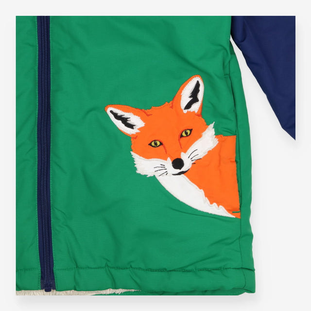 Green fleeced line coat with fox applique