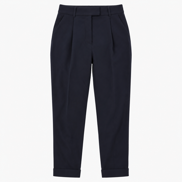 Tapered Trousers Navy Pleated Tailored Turn-Up Hem