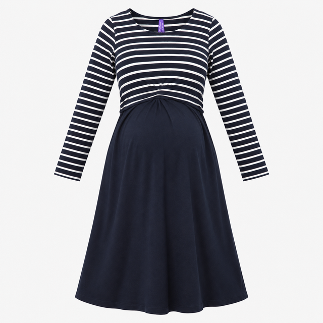 Navy Striped Empire Waist 3/4 Sleeve Maternity Dre
