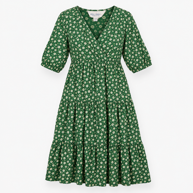 Tiered Midi Dress Organic Cotton Floral Print Wrap