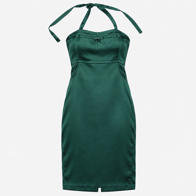 Midi Dress Emerald Green Silk Halter Neck