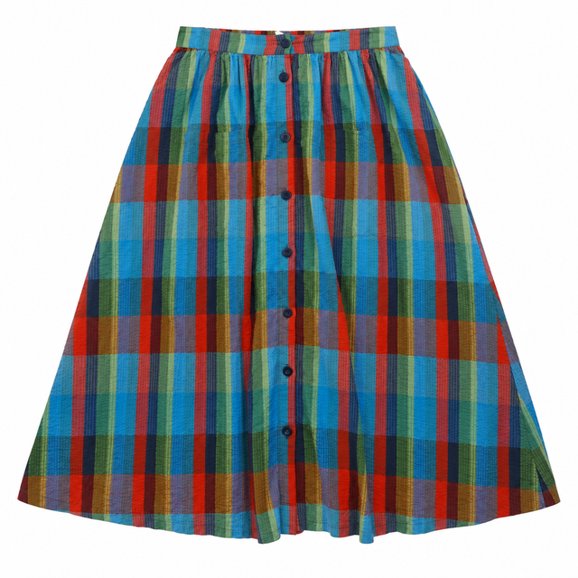 Skirt Pebble Drop Check Seersucker Cotton Midi
