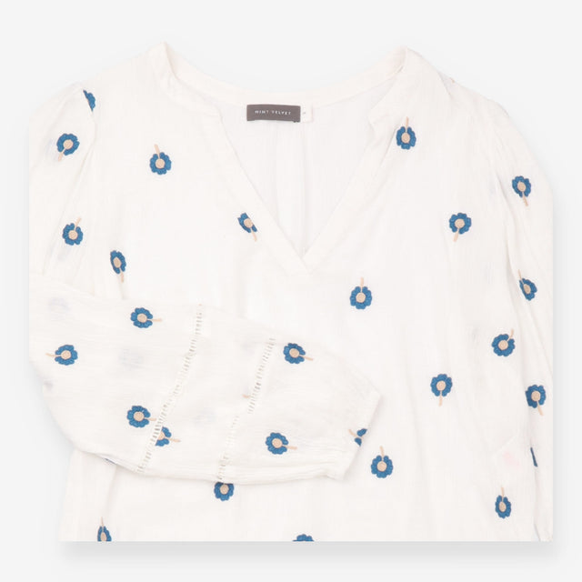 White Crinkle Blouse with Navy Floral Embroidery
