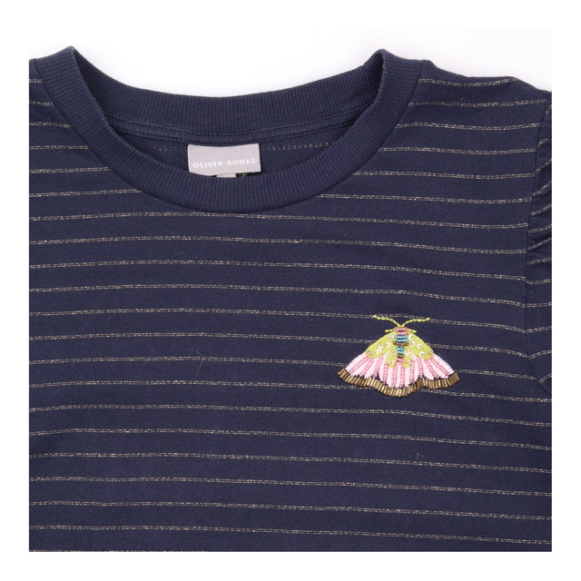 Navy Metallic Stripe Embellished Moth Jersey Top