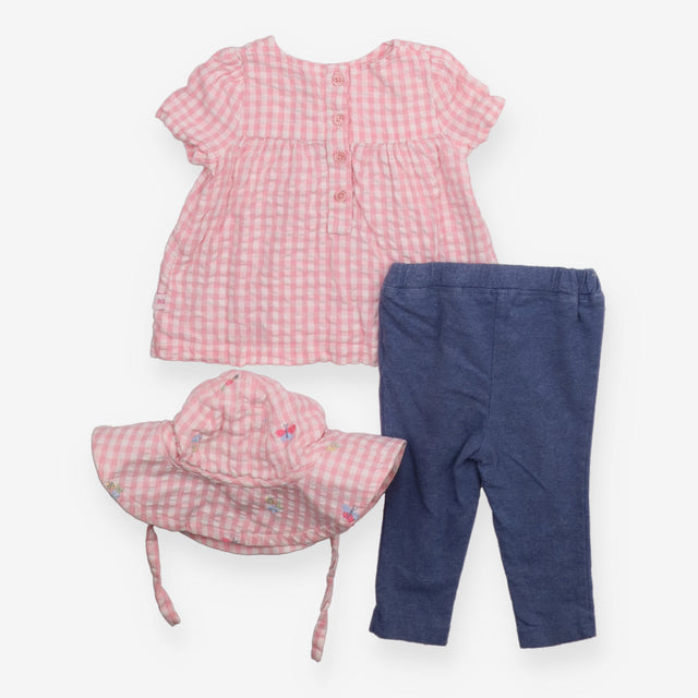 Outfit 3pc pink gingham smock top and hat blue leg