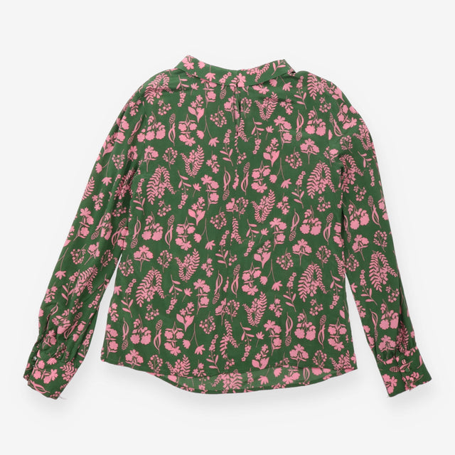 Blouse Green Pink Floral Silk High Neck