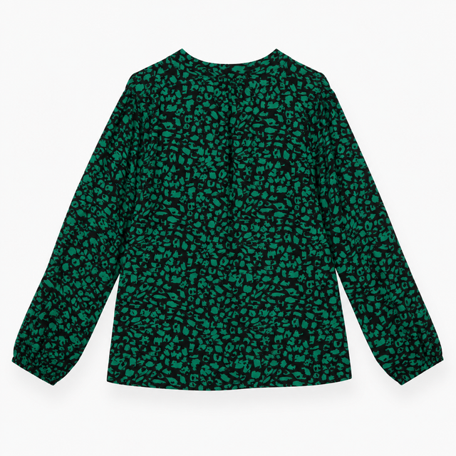Blouse Green & Black Abstract Print Pintuck Long S