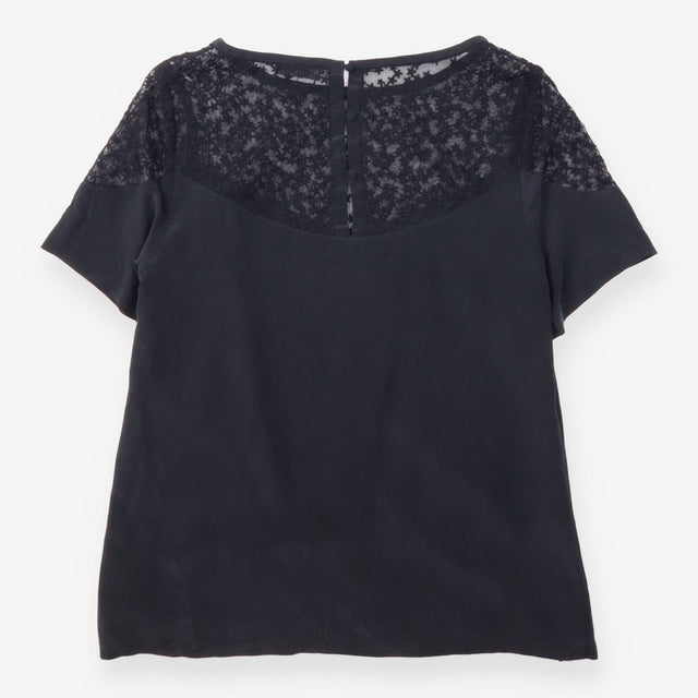 Silk Blouse Black Star Lace Yoke Short Sleeve