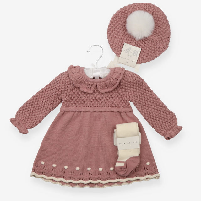 Collared Dress Crochet, Tights and Beret with Pomp