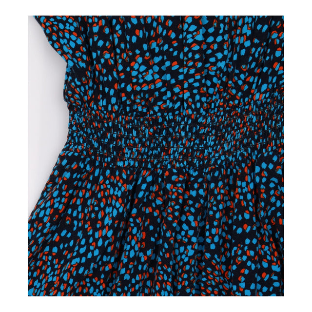 Midi Dress Black Blue Print Shirred Waist Long Sle
