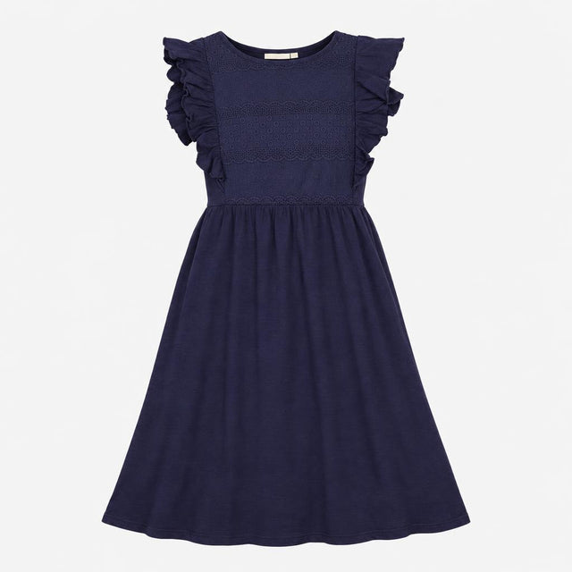 Dress Navy Blue Embroidered Ruffle Sleeve Midi Sco