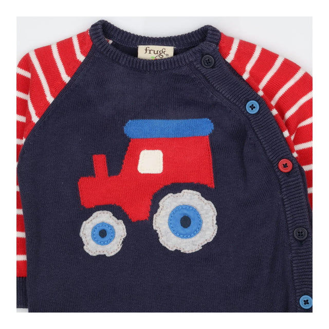 Navy knit tractor romper with red stripe sleeves