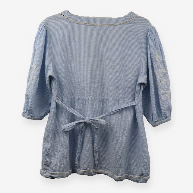 Tunic Blue Stripe Seersucker Embroidered Sleeves M