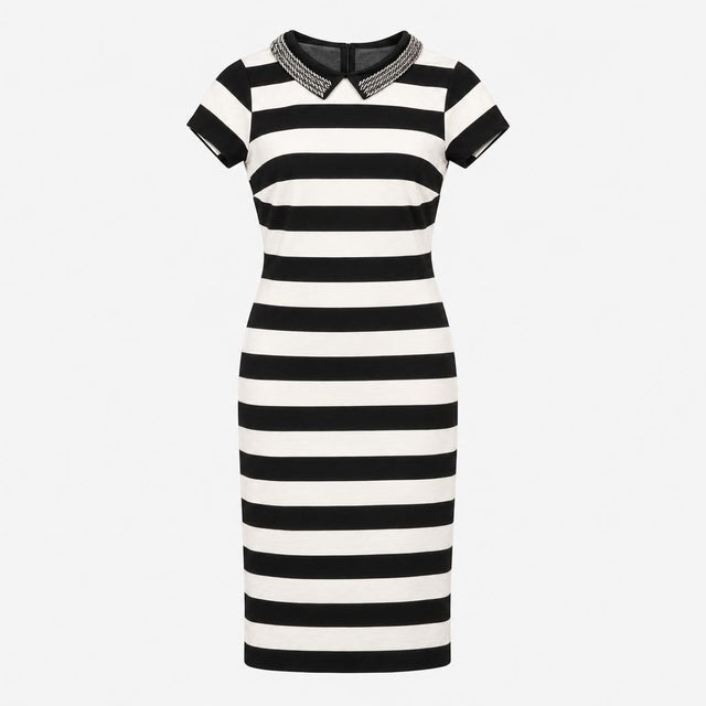 Midi Dress Black Cream Stripe Embellished Collar S