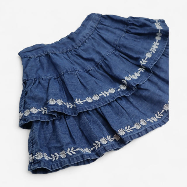 Skirt Denim Tiered with White Flowers
