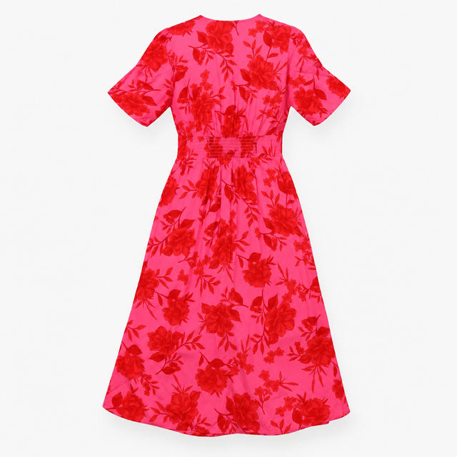 Dress Pink Red Floral V Neck Midi Tea