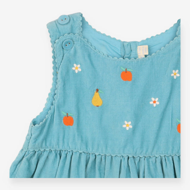 Pinafore Dress Blue Cord Apples, Pears and Flowers