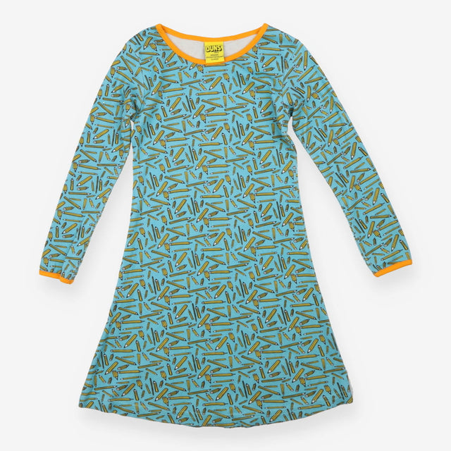 Dress Long Sleeve Blue Pencil Print