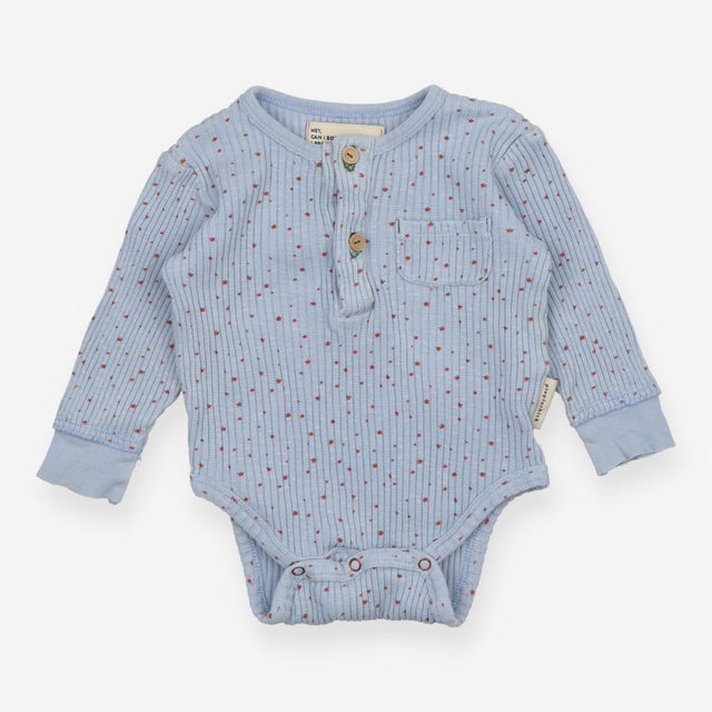 Bodysuit LS blue rib red stars wood buttons