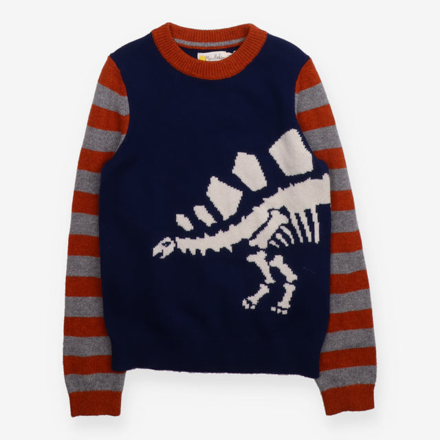 Knit sweater striped sleeves dino skeleton