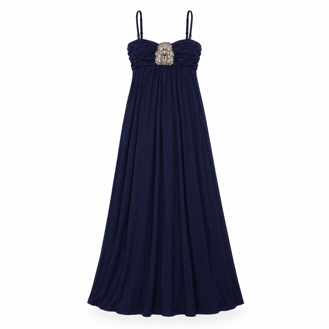 Maxi Dress Navy Blue Embellished Ruched Strappy