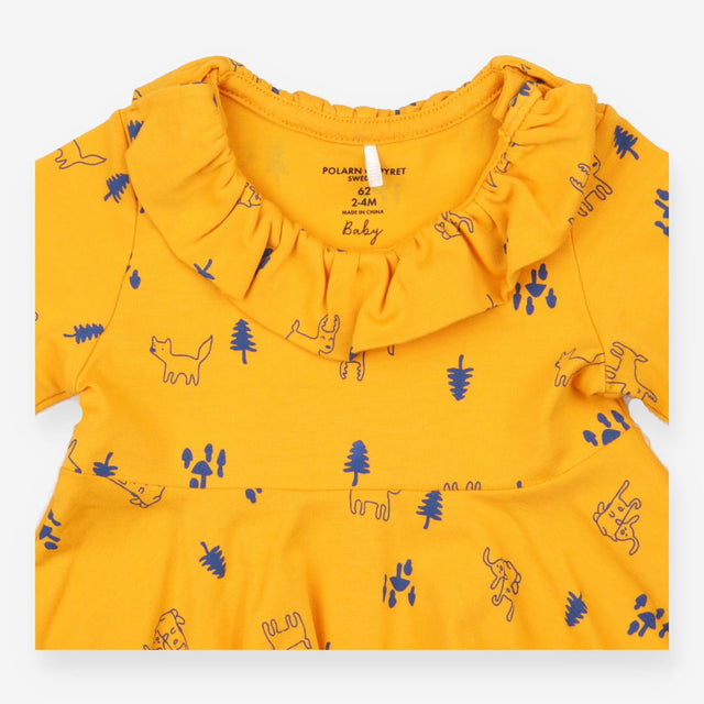 Dress yellow LS jersey navy cartoon trees animals
