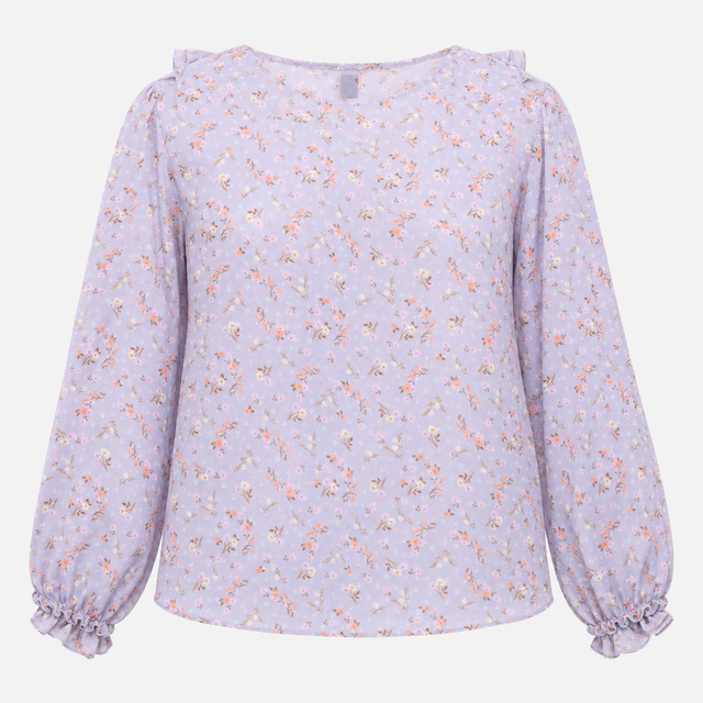 Blouse Pale Blue Floral Print Ruffle Front Long Sl