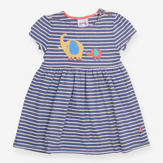 Dress SS blue stripe elephants applique
