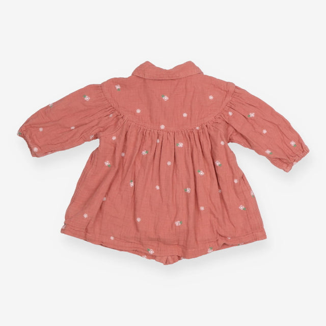 Pink Collared Dress with Flower Stitching