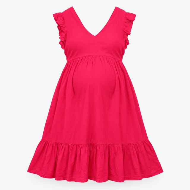 Bright Pink Frill Sleeve Tiered Maternity Dress