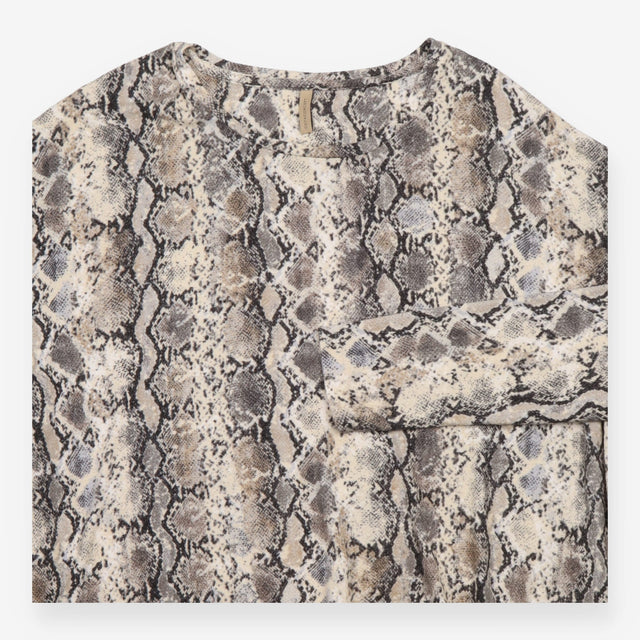 Top Cream Grey Snakeskin Print Long Sleeve High Lo