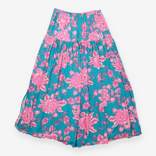 Midi Skirt Teal Pink Floral Tiered Side Split
