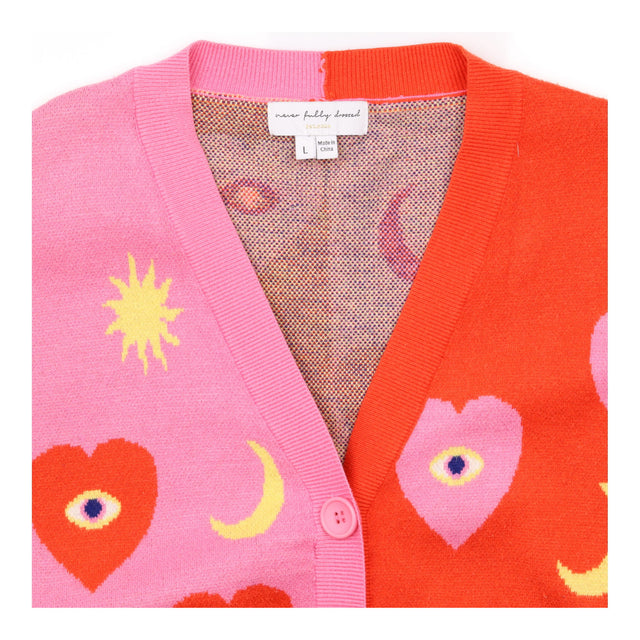 Cardigan Knit Heart Sun Moon Contrast Pink Red