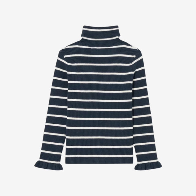 Kids' Stripe Ruffle Cuff Roll Neck Top, Navy