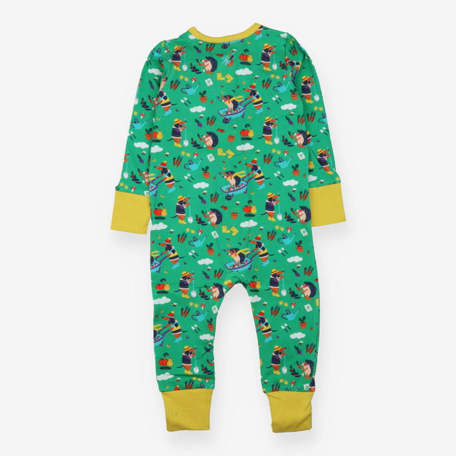 Sleepsuit with gardening dog and hedgehog