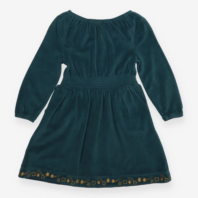 Dress Long Sleeve Teal Velour - Gold Star Trim