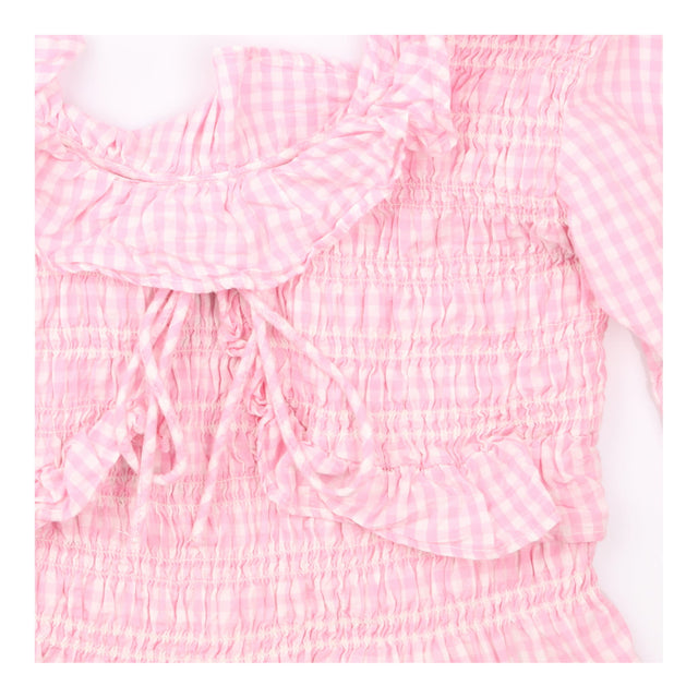 Top Pink Gingham Cropped Smocked Peplum Puff Sleev