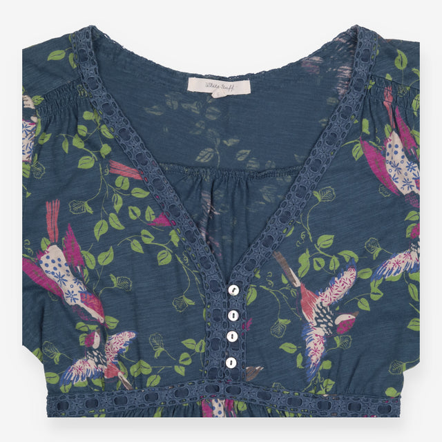 Dress Blue Bird and Leaf Print Long Sleeve Midi V-