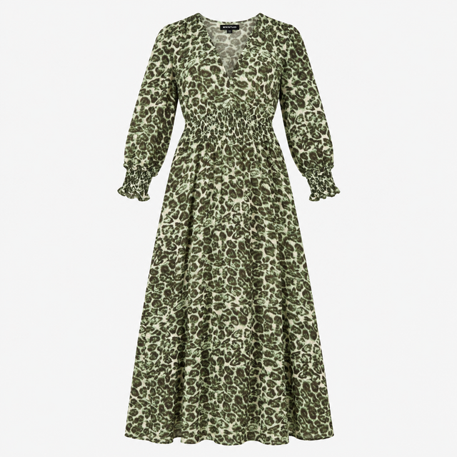 Leopard Print Midi Dress Green Shirred Waist