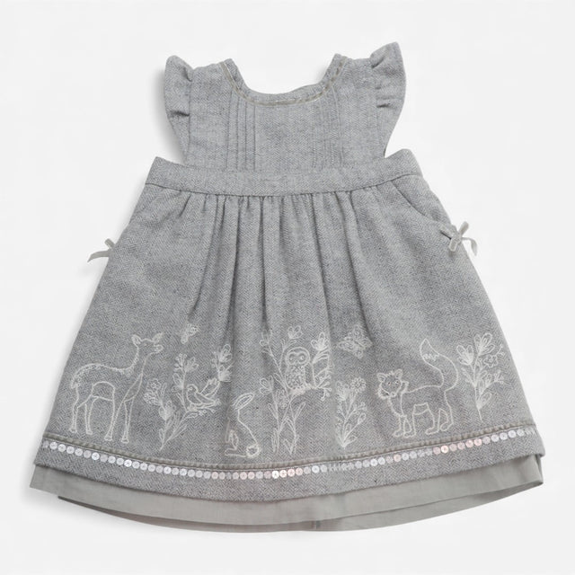Dress Pinafore Wool Mix Grey with Woodland Animals