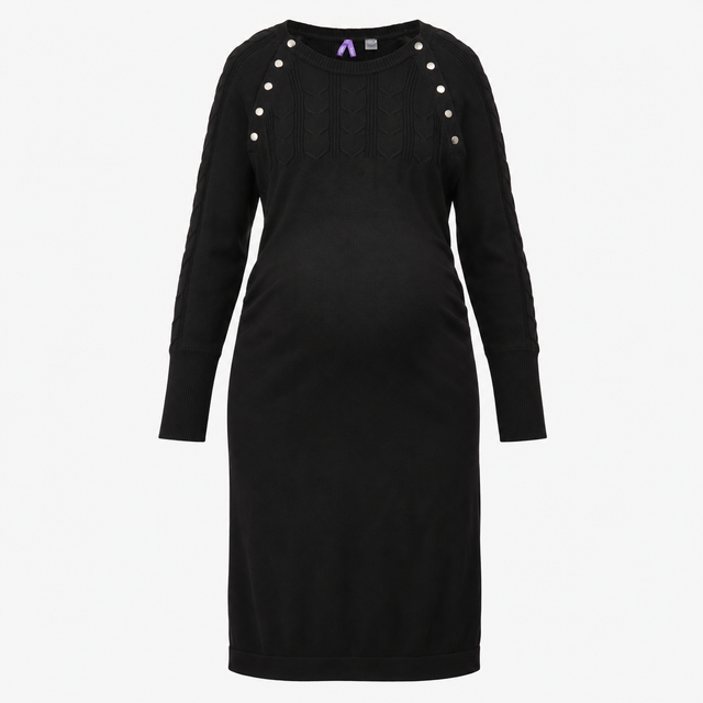 Black Cotton Textured Knit Maternity Dress