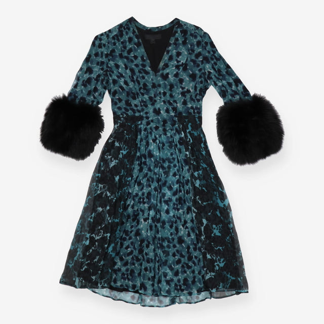 Prorsum Teal Printed Fur Trimmed Dress