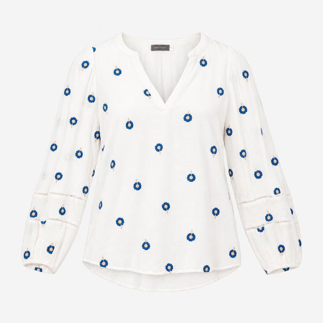 White Crinkle Blouse with Navy Floral Embroidery